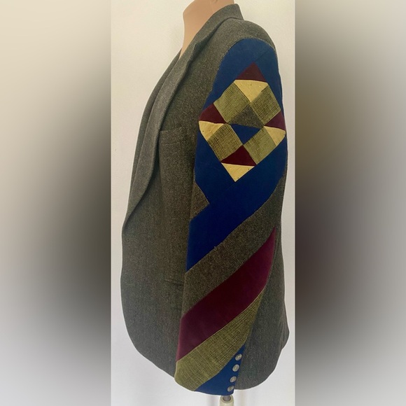Vintage 80s Men's PATCHWORK Blazer Set 42/XL HOLBROOK Green Wool Quilted Jacket - Picture 5 of 9
